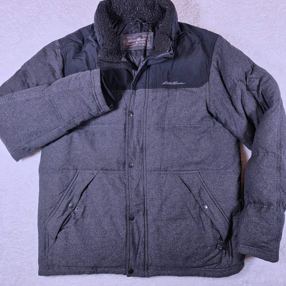 Eddie Bauer Puffer Jacket Men L Grey Nylon Down Insulated Sherpa Collar 13712145